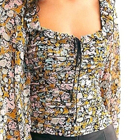 Free People Mabel Floral Printed Ruched Peasant Blouse Multicolor EUC Size Small - Picture 1 of 9